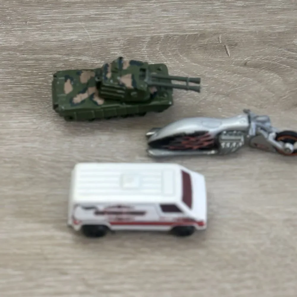 Hot Wheels Lot of 3: Fire Chief Van, Flame Motorcycle & Military Tan